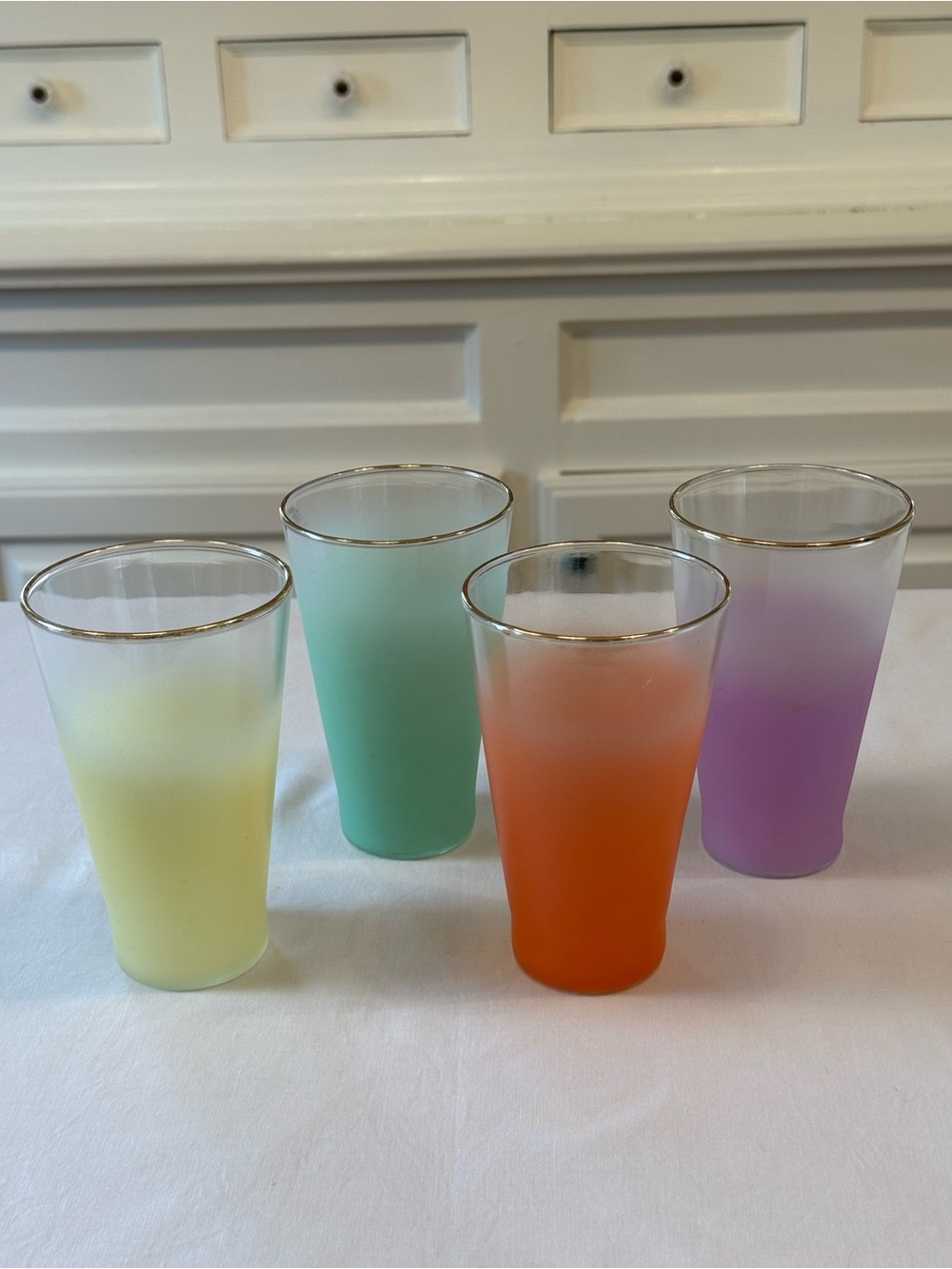 🌈 Vintage Blendo Mixed Color Frosted Ombre Tumbler Set of 4 Gold Rim MCM HTF